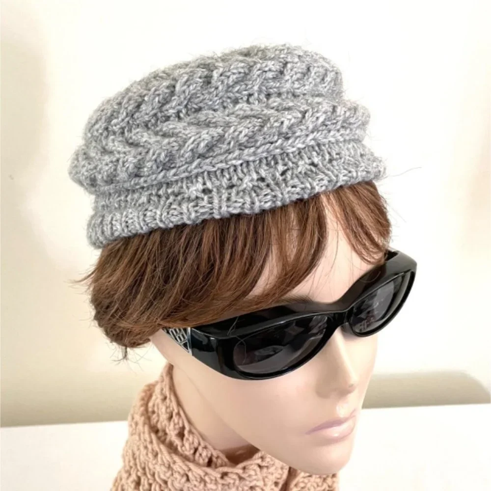 Handmade Knit Winter Kids Hat Cap Gray Cableknit OS - Picture 4 of 9